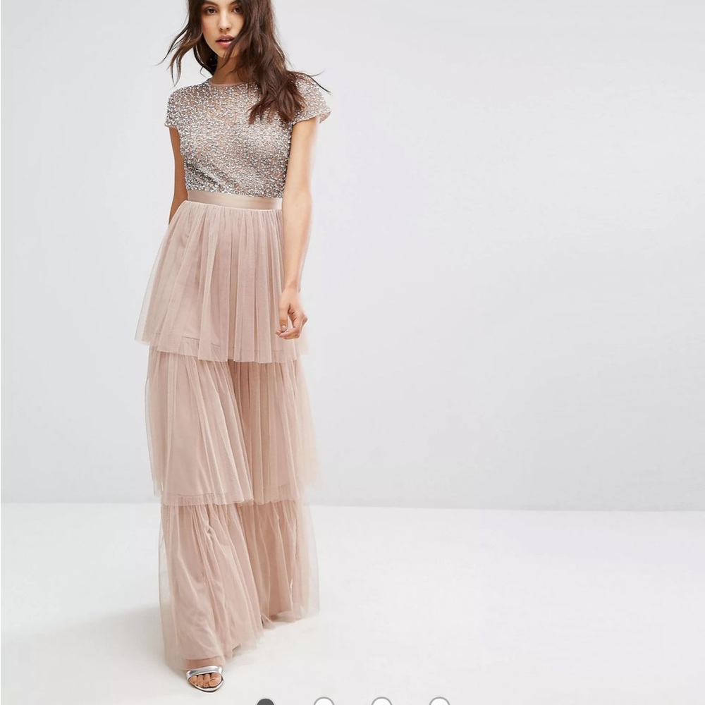 Maya Cape Sleeve Tiered Maxi Dress, US 6